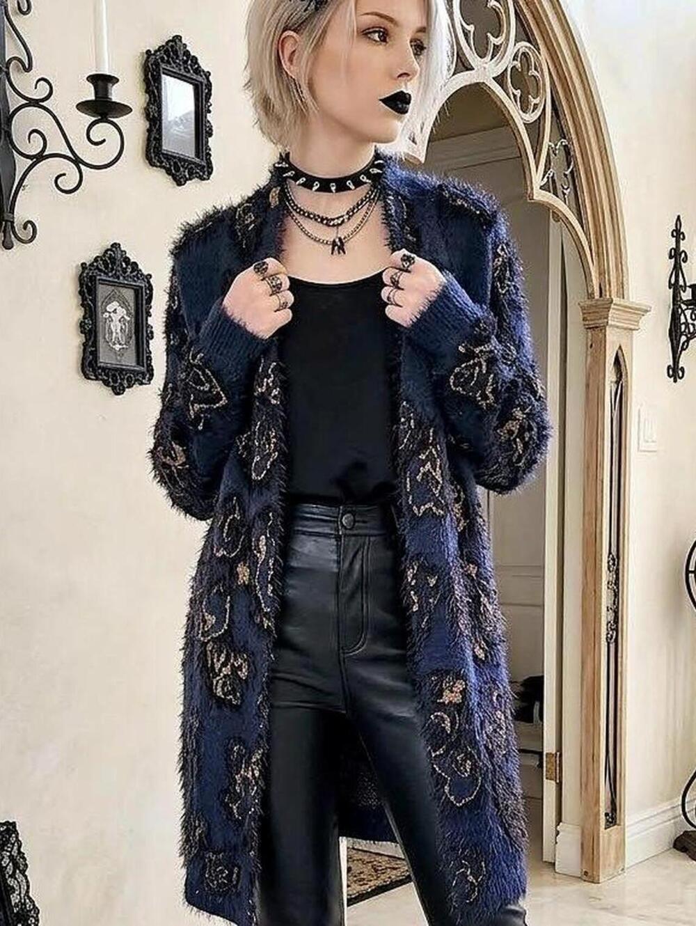 Lane Bryant Navy blue and gold lace long cardigan with fur trim. Size: XXL